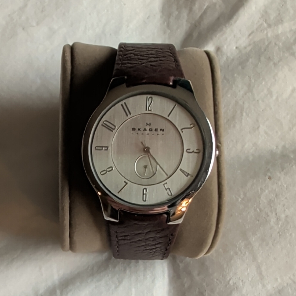 Skagen Silver Dial Watch with Dark Brown Leather Strap